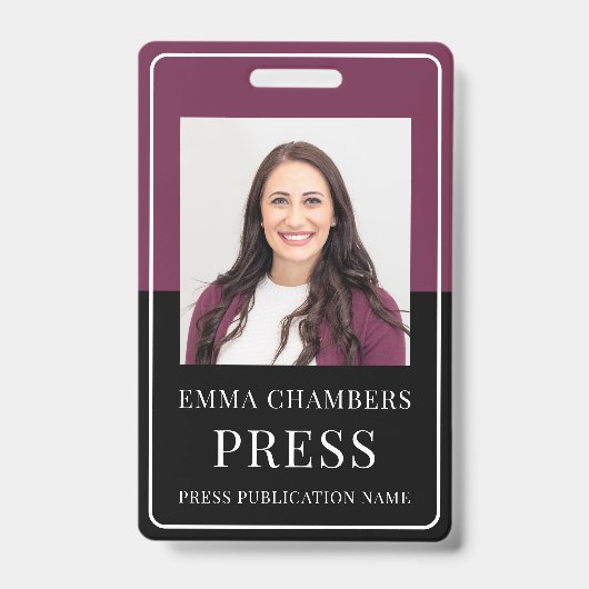 Foto Press Pass Burgundy Black ID Abzeichen Ausweis (Vorderseite)