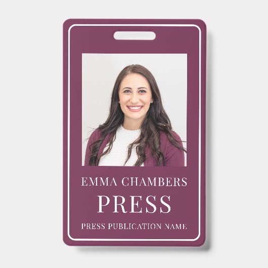 Foto Press Pass Burgundy ID Abzeichen Ausweis (Vorderseite)