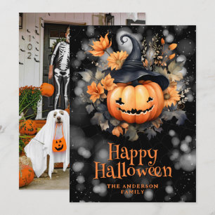 Foto Pumpkin Black Hat Happy Halloween Card Feiertagskarte