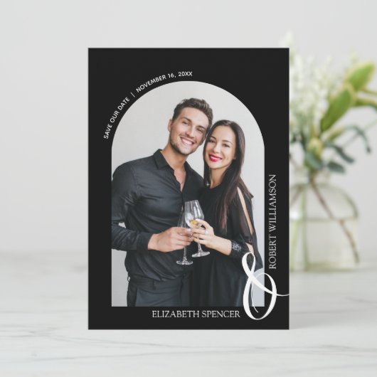 Foto QR Code Black Wedding Save The Date (Stehend Vorderseite)