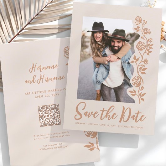 Foto QR Code Boho Earthy Hand Drawing Rose Website Save The Date