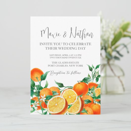 Foto QR Code Boho Orange Blossom Hochzeit Einladung (Stehend Vorderseite)