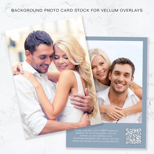 Foto QR Code Dusty Blue Background Vellum Overlay Einladung