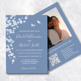 Foto QR Code Dusty Blue Cherry Blossom | Hochzeit Einladung