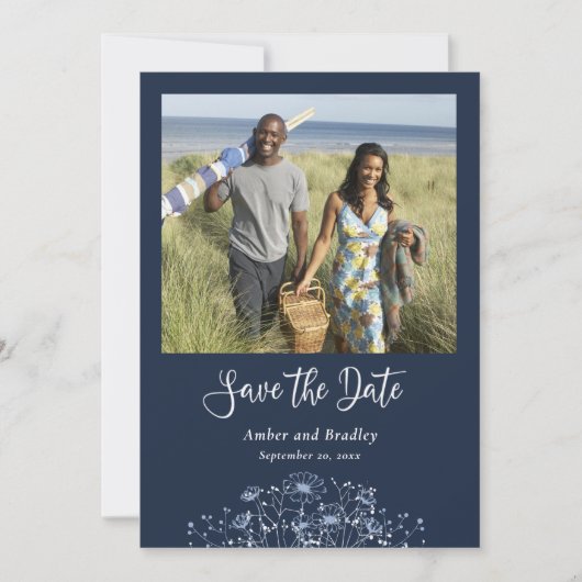Foto QR-Code für Navy Blue Wildblume Save the Date Einladung (Vorderseite)