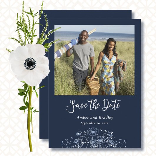 Foto QR-Code für Navy Blue Wildblume Save the Date Einladung