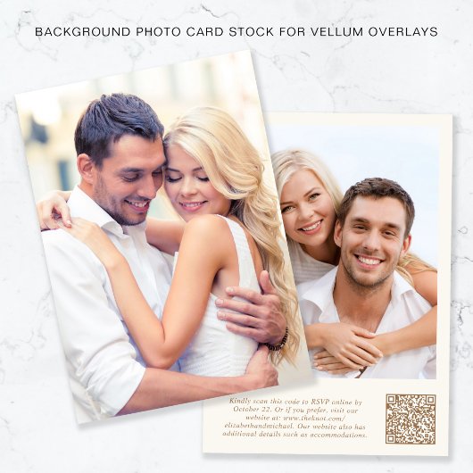 Foto QR Code Gold Creme Background Vellum Overlay Einladung
