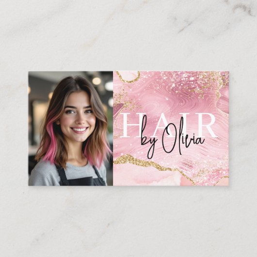 Foto QR Code Haarstiel Rosa Agate Marmor Visitenkarte (Vorderseite)