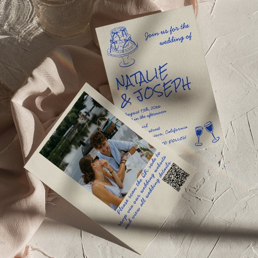 Foto-QR-Code Handgezeichnete blaue Kuchen-Schleife Einladung