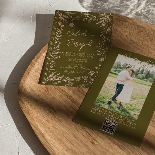 Foto-QR-Code-Handgezeichnete Graslandschaft Floral Einladung