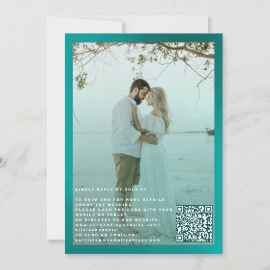 Foto QR-Code-Hochzeit in Urlaubsort für aquamarine Einladung (Rückseite)