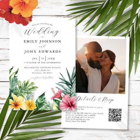 Foto QR Code Hochzeit von tropischen Wasserfarben- Einladung