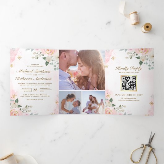 Foto QR-Code Hochzeitscodierung für Rosa Gold Dreifach Gefaltete Einladung (Innenseite)
