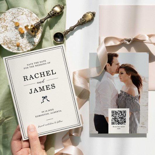 Foto QR Code Minimalist Schleife Hochzeit Coquette Save The Date