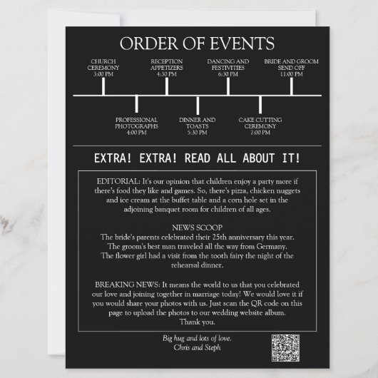 Foto QR Code Minimalistisch Newspaper Wedding Prog (Rückseite)