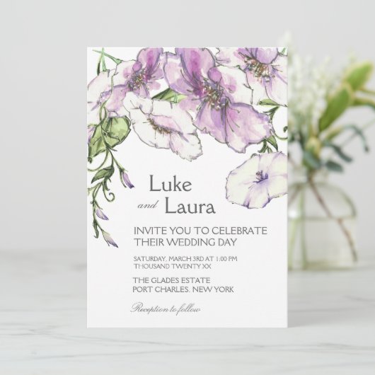 Foto QR Code Moderne Pansy Wedding Einladung (Stehend Vorderseite)