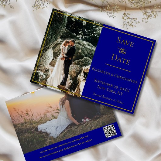 Foto QR Code Navy Blue Gold Elegante Hochzeit Save The Date