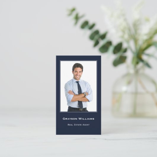 Foto QR Code Navy Blue Real Anwesen Business Card Visitenkarte (Stehend Vorderseite)