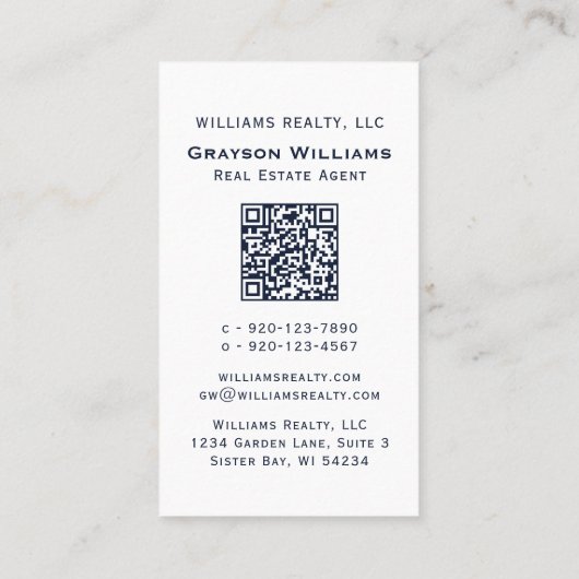 Foto QR Code Navy Blue Real Anwesen Business Card Visitenkarte (Rückseite)