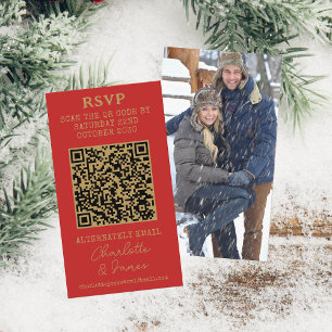 Foto QR Code Red and Gold Wedding RSVP Begleitkarte