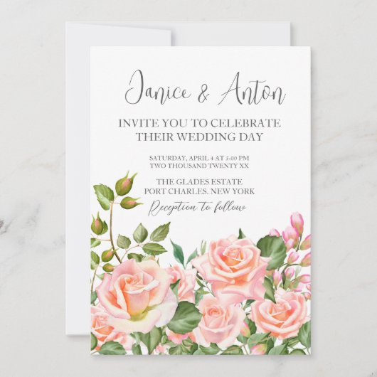 Foto QR Code Rosa Botanische Hochzeit Einladung (Vorderseite)