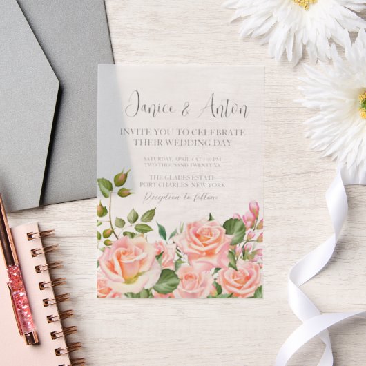 Foto QR Code Rosa Botanische Hochzeit Pergament Einladungen (Hochzeit)