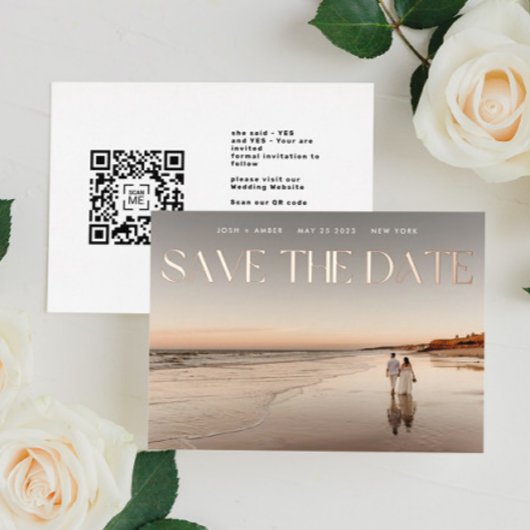 Foto QR Code Rose Gold Foil Save the Date Card Folieneinladung