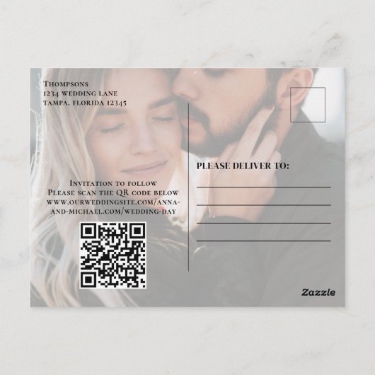 Foto QR-Code Save the Date Moderne Typografie Postkarte (Rückseite)