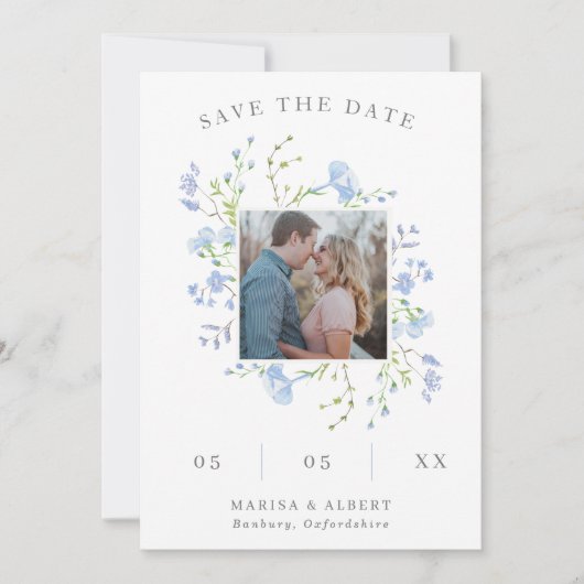 Foto QR (Light Blue Floral Frame) Save The Date (Vorderseite)