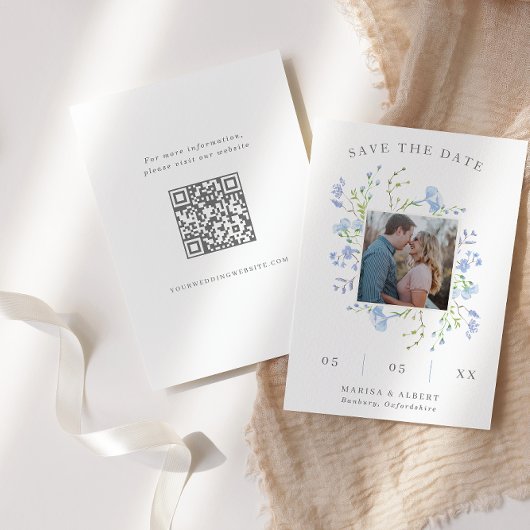 Foto QR (Light Blue Floral Frame) Save The Date