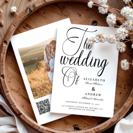 Foto QR Moderne Black Script Hochzeit Einladung