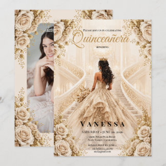 Foto Quinceanera Beige und Gold Einladung