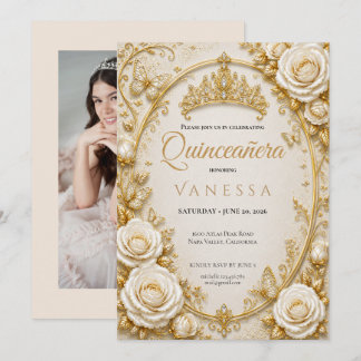 Foto Quinceanera Beige und Gold Einladung