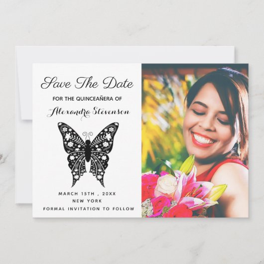 Foto Quinceanera Butterfly Black & White Geburtsta Save The Date (Vorderseite)
