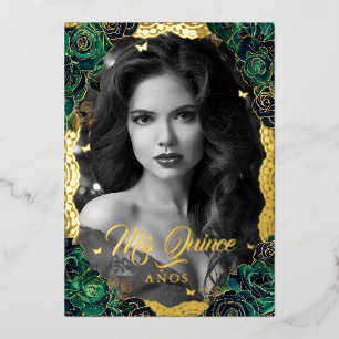 Foto Quinceanera Emerald Rose Gold Lace Folieneinladung