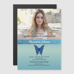 Foto Quinceanera Glitzer Blauer Schmetterling Magneteinladung
