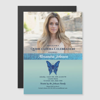 Foto Quinceanera Glitzer Blue Butterfly Magneteinladung