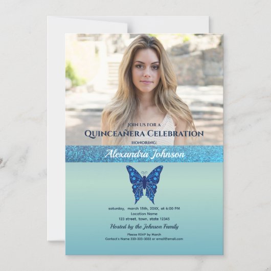 Foto Quinceanera Glitzer Blue Butterfly Magneteinladung (Vorderseite)