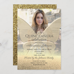 Foto Quinceanera Glitzer Gold Butterfly Einladung