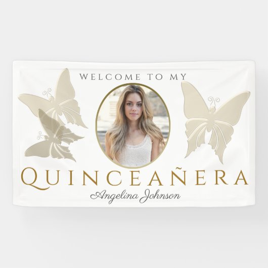 Foto Quinceanera Gold Butterfly Willkommen Banner (Horizontal)
