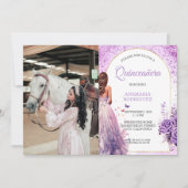 Foto Quinceañera Lila Kleid Flora Schmetterlinge Einladung (Vorderseite)