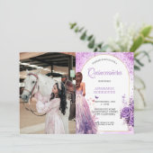 Foto Quinceañera Lila Kleid Flora Schmetterlinge Einladung (Stehend Vorderseite)