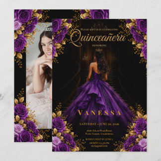 Foto Quinceanera Lila und Gold Einladung