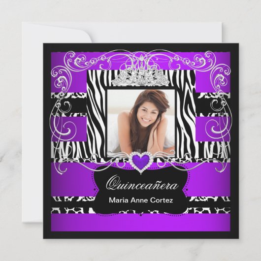 Foto Quinceanera Lila Zebra-Kuh Einladung (Vorderseite)