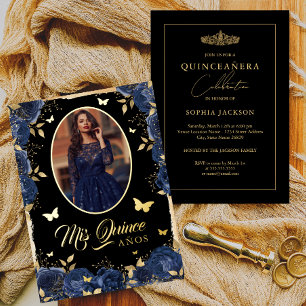 Foto Quinceanera Navy Blau Gold Rose Schmetterling Folieneinladung
