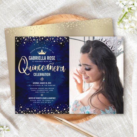 Foto Quinceañera Navy Gold Glitzer Princess Crown Einladung