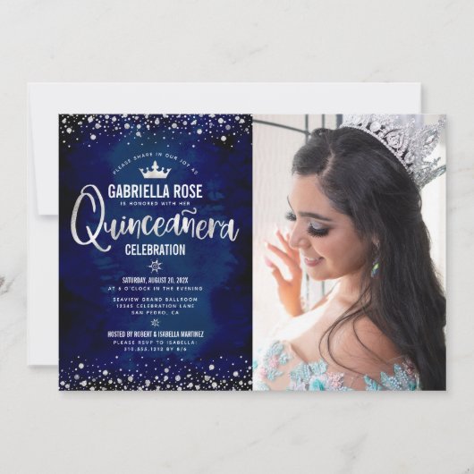 Foto Quinceañera Navy Silver Glitzer Script Crown Einladung (Vorderseite)