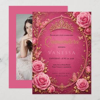 Foto Quinceanera Rosa und Gold Einladung