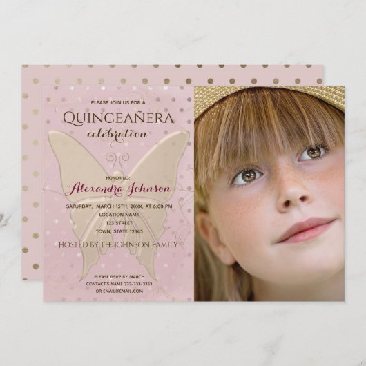 Foto Quinceanera Rosa und Goldbarren Einladung (Vorne/Hinten)