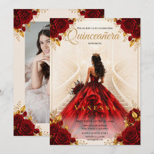 Foto Quinceanera Rot und Goldene Einladung